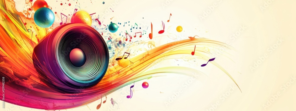 Fototapeta premium A Vibrant Celebration of Sound: Colorful Waves of Musical Notes and Speakers in Abstract Art