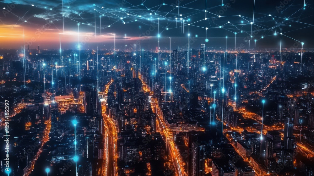 AI-powered smart city concept, with interconnected data points visualizing urban optimization in real time AI-powered smart city concept, with interconnected data points visualizing urban optimization in real time