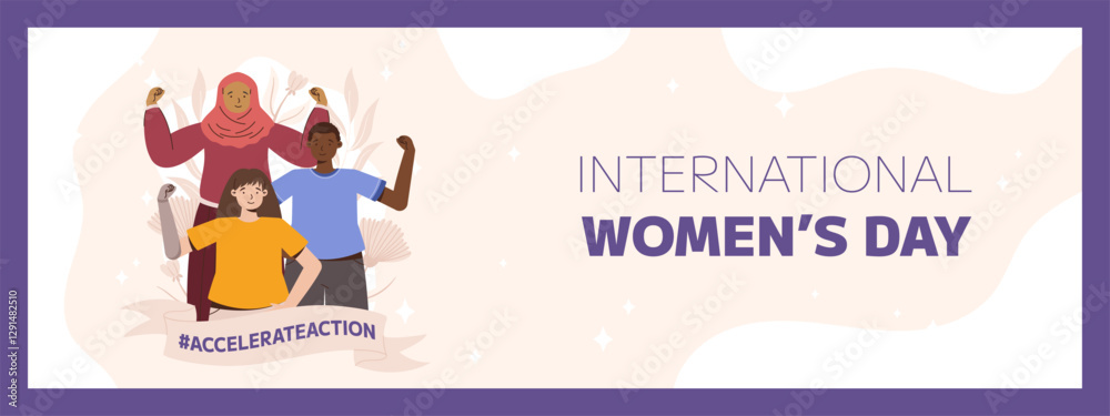 Fototapeta premium IWD 2025 Empowering Illustration for International Women Day Celebration Featuring Diverse Women United in Strength and Solidarity with Accelerate Action Banner