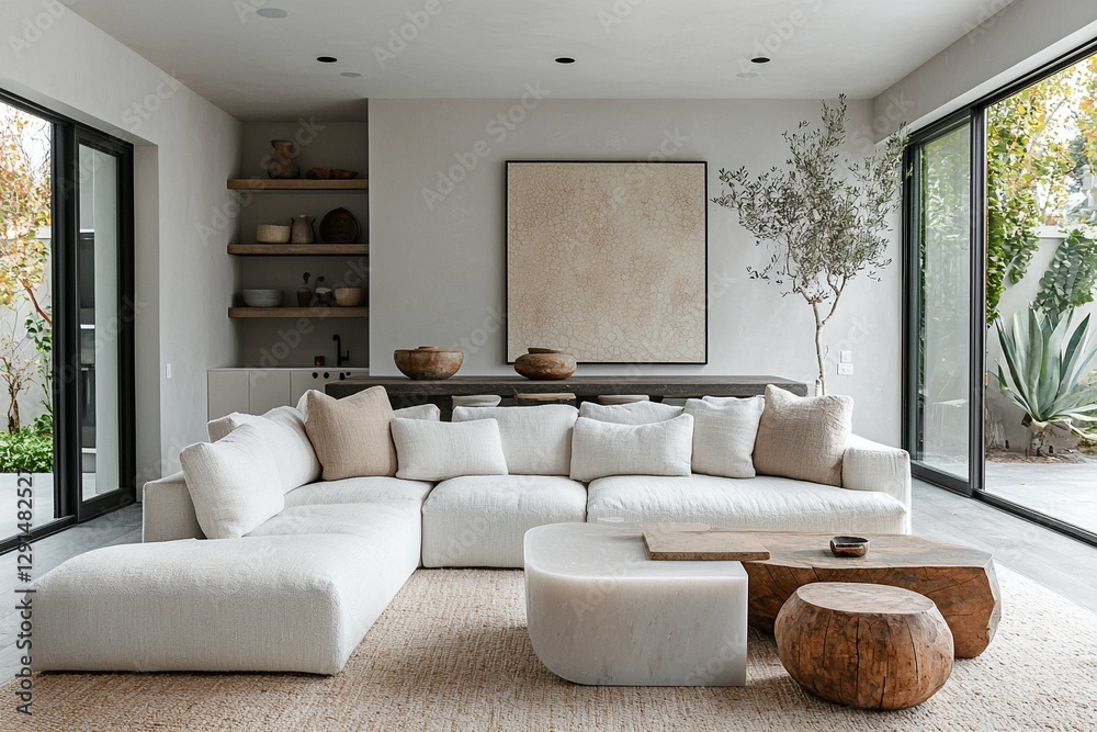 Fototapeta premium A modern minimalist interior design for a living room with a sofa view. Generative AI 