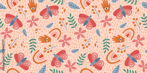 Seamless Butterfly and Floral Pattern with Mystical Symbols, Hand Drawn Botanical Elements, and Soft Vibrant Colors on Light Beige Background for Textiles and Crafts