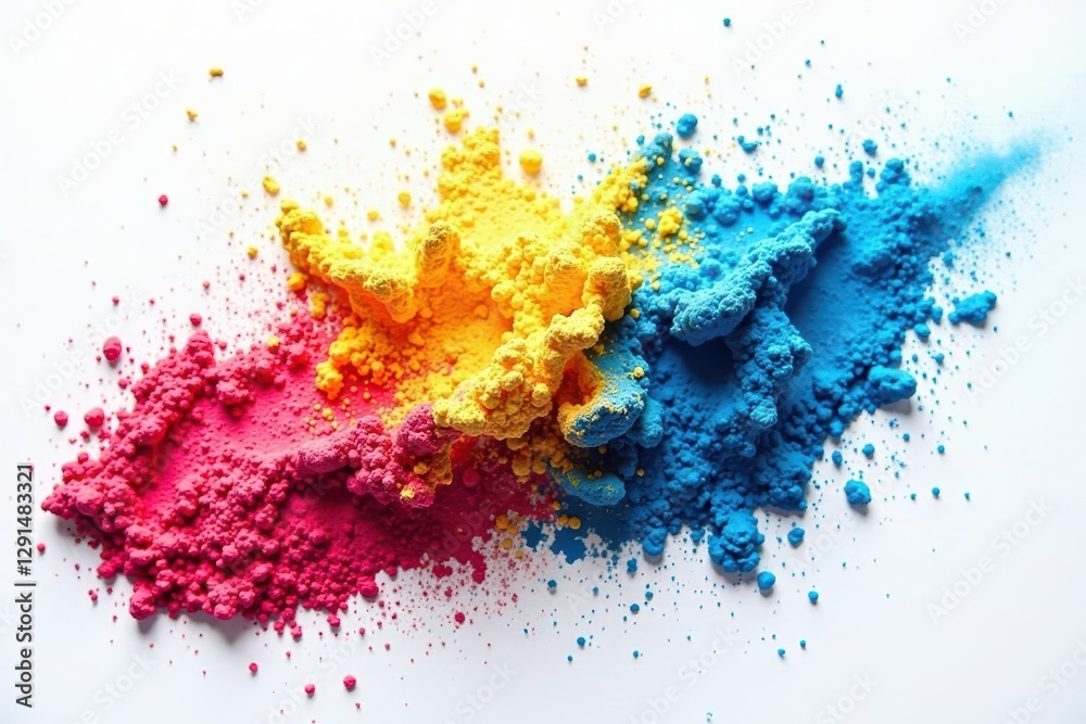 Fototapeta premium Abstract CMYK color powder burst Clean white backdrop , India, splash