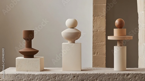 Simple abstract artistic sculptures arranged on a textured surface nicely