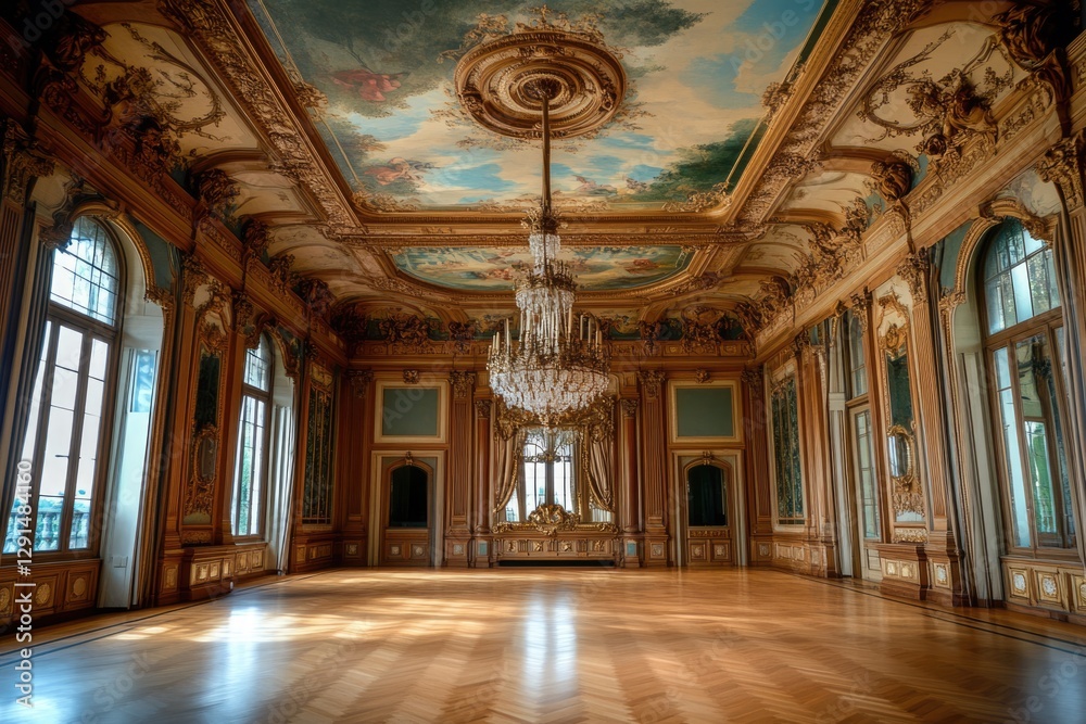 Obraz premium Grand Ballroom with Ornate Details, Crystal Chandelier, and Hand-Painted Ceiling