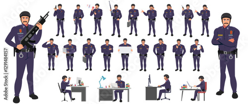 
Police Officer Character Design Model Sheet. Man, Character design. Front, side, back view and explainer animation poses. Character set with lip sync and Walk cycle animation sequences.

