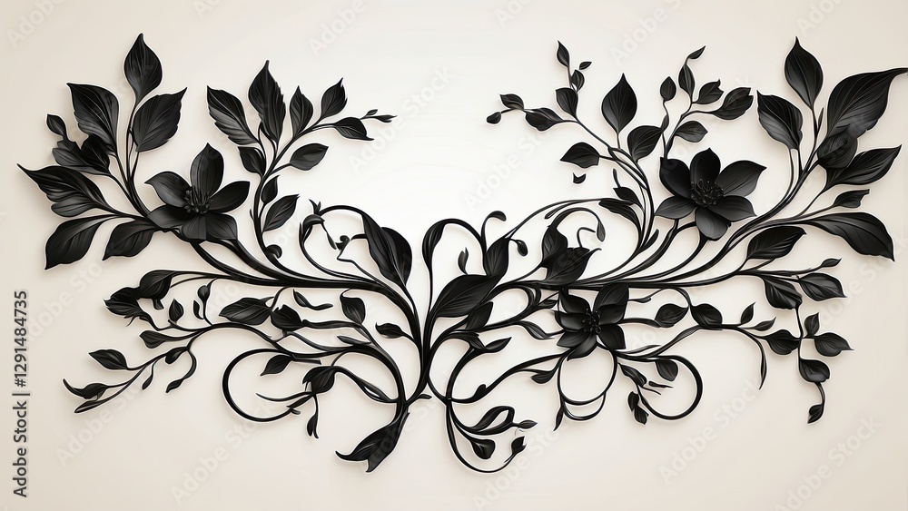 Obraz premium 1. Medieval Illuminated Manuscript Style: Black and White Silhouette of a Rectangular Horizontal Frame with Stylized Tree Branches