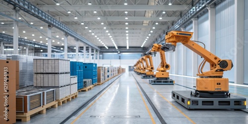 Automated robotic arms assembling packages in a modern warehouse during daytime operations