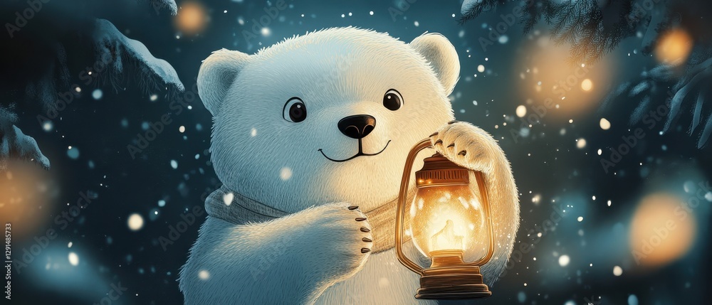 Obraz premium Cute polar bear holds lantern in a serene, magical night setting with soft glowing lights and tall grass
