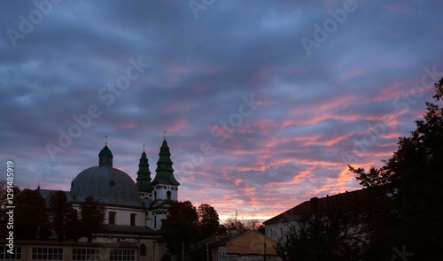 Cathedral of the Blessed Virgin Mary, in Ternopil at sunset sky