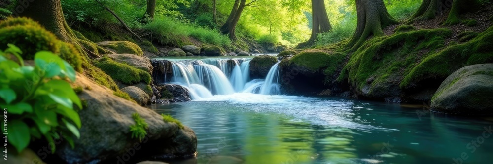 Cascading water in a serene forest environment, water features, trees Cascading water in a serene forest environment, water features, trees