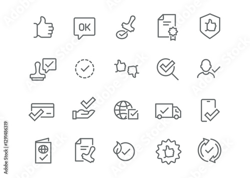 Editable vector icon set in linear style on verification and approval. Includes checkmarks, likes, documents, stamps, security badges, IDs, and delivery symbols. Icons are ready to use.
