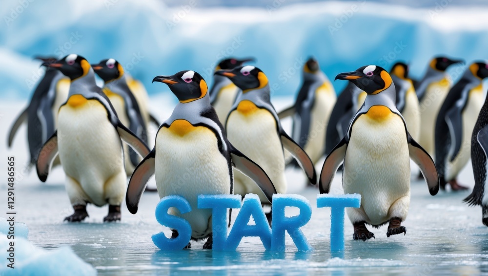 Fototapeta premium A group of king penguins walking on icy terrain with a blue ice backdrop and the word 'START' in bold letters prominently displayed