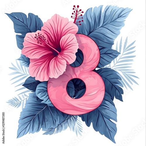 A vibrant logo featuring the number 8 adorned with pink hibiscus flowers and large leaves, illustrated in watercolor style. Blue and gray hues on a white background create a fresh, modern aesthetic. photo