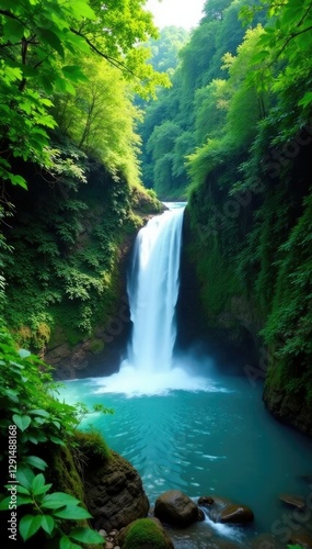 Dense green forest canopy above turquoise waterfall, blue, waterfalls
