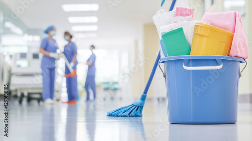 Professional Hospital Janitorial Team Ensures Medical Hygiene and Infection Control in Healthcare Facility with PPE and Sanitization Tools