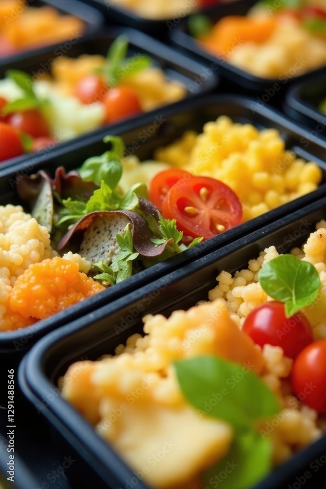 Close-up of neatly arranged catering containers, labels visible, lunchbox, container Close-up of neatly arranged catering containers, labels visible, lunchbox, container