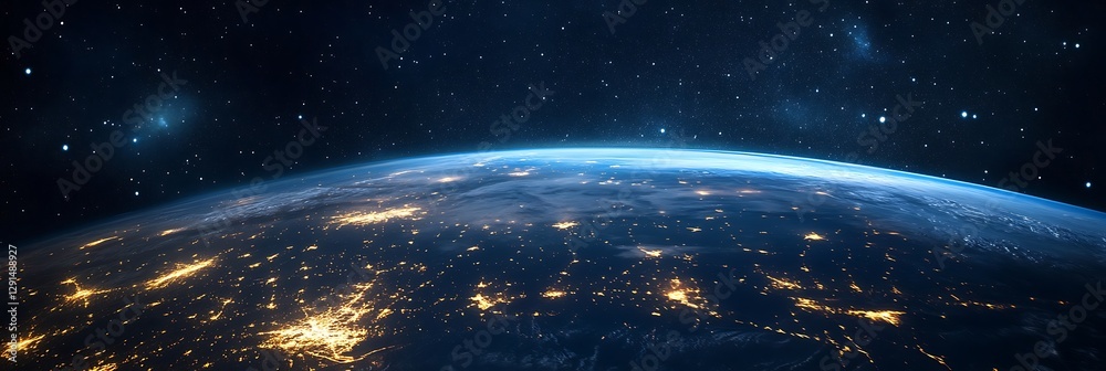 Obraz premium A stunning panoramic view of Earth from space, showcasing glowing lights on the surface and a starry sky in the background, highlighting the planet's beauty and vastness.
