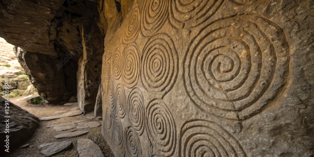 Obraz premium Ancient rock carvings depicting spiral patterns in a historic cave site during daylight hours