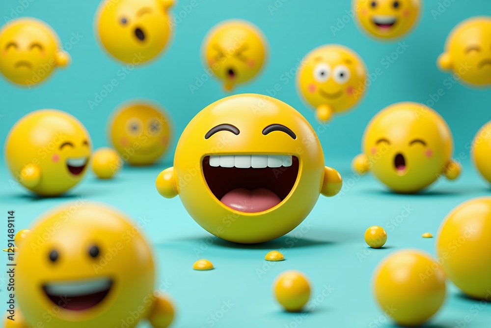 Obraz premium Joyful 3D Emojis Laughing Smiling and Happy Yellow Faces on Turquoise Background