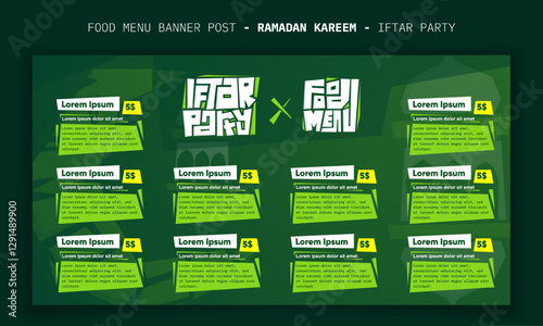 Ramadan kareem. Food menu template in green design for ramadan iftar party with lantern background