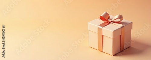 Gift box with a simple ribbon on a beige abstract background, background, box gift