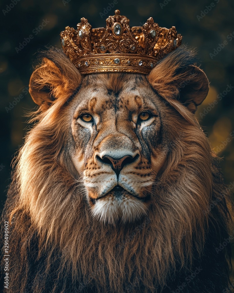 Fototapeta premium Lion with golden crown looking forward, symbolizing power and leadership. Suitable for themes of strength, royalty, wildlife, and metaphorical concepts of authority.