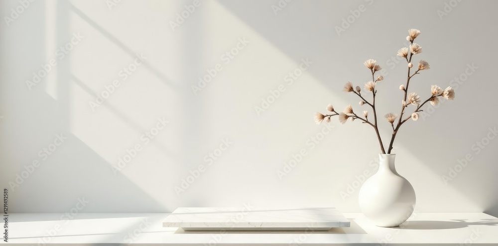 Minimalist still life featuring a small white marble slab and a tiny vase, small, still life