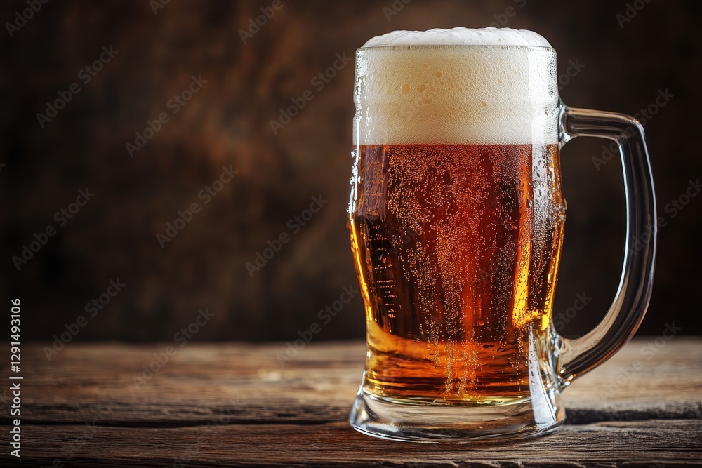 A refreshing glass of beer with foam on a wooden table, perfect for text and product display A refreshing glass of beer with foam on a wooden table, perfect for text and product display