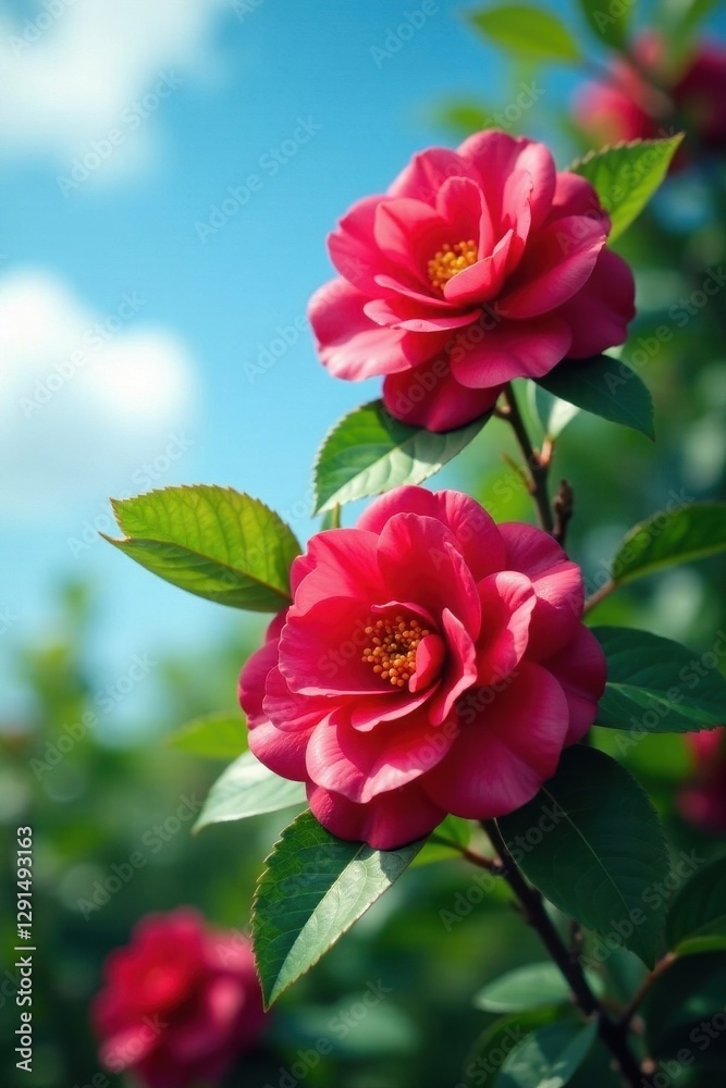 Deep crimson camellias against azure spring sky, healthy green leaves , blossom, macro Deep crimson camellias against azure spring sky, healthy green leaves , blossom, macro