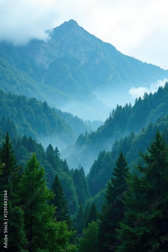Obraz premium Mist surrounds the mountain forest with dense trees, nature, evergreen