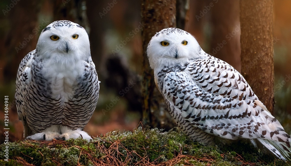 two great snowy owls in the woods polar arctic owl two great snowy owls in the woods polar arctic owl