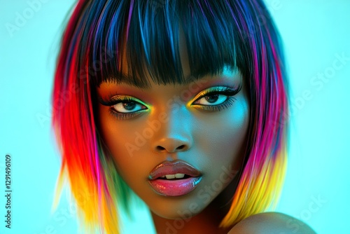 Lovely happy black girl - for ads, media and social media use. Short coiffure - multicolored hair. Commercial ad campaign creative. Trendy african portrait. Black model fashion.