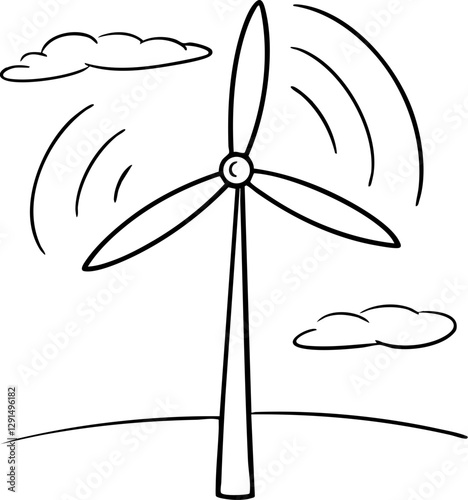 Sustainable Living: Eco-Friendly concept. Wind turbine with blades in motion, surrounded by clouds and a simple landscape.
