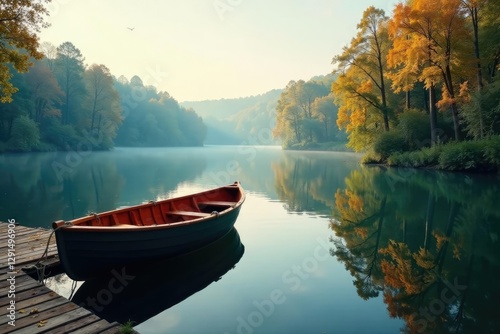 Rowboat on dock, reflection of trees in the water, peaceful, serene, rowboat
