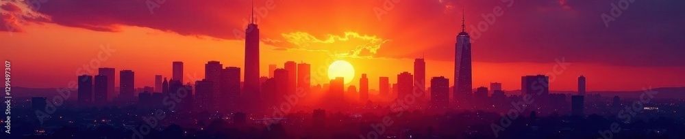 Fototapeta premium Fiery orange and purple sunset over a majestic city; tall building silhouettes stand out sharply , night, pink