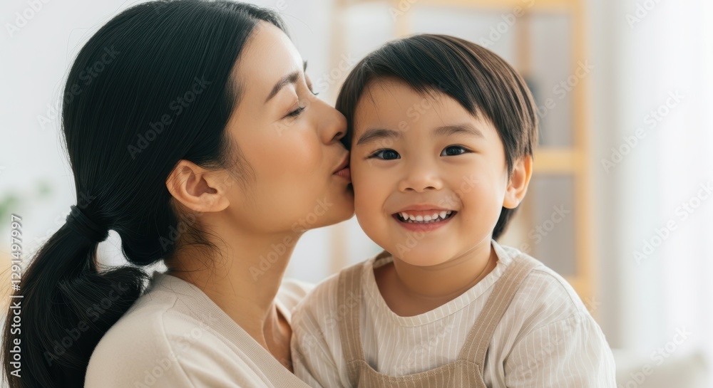 Asian mother kissing happy young child indoors on a sunny day Asian mother kissing happy young child indoors on a sunny day