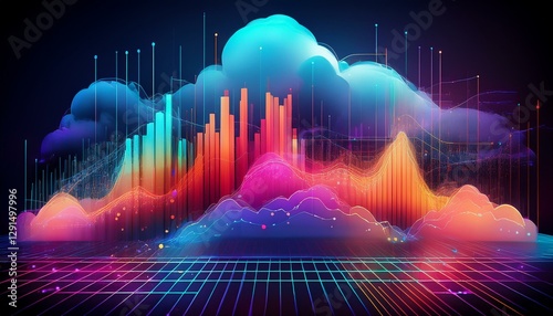 colorful graph and cloud illustration depicting data analysis information flow and technology connections in a digital network
