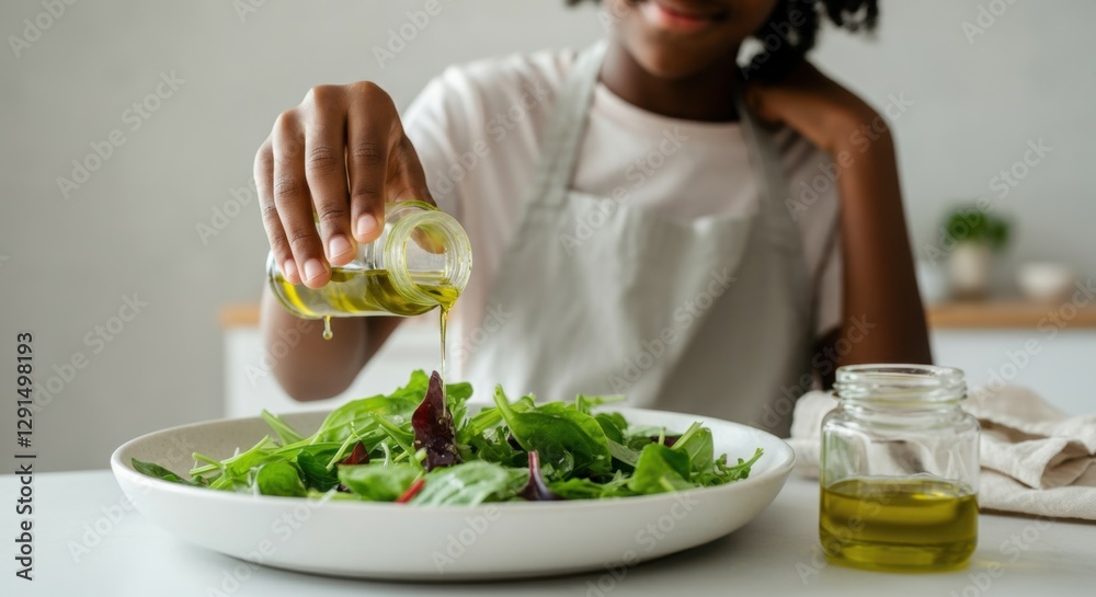 African female adult preparing fresh salad with olive oil at home African female adult preparing fresh salad with olive oil at home