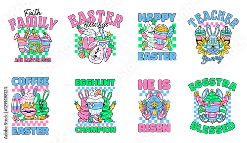 Retro Easter 90s graphic t-shir design for print, Easter cartoon design for celebrate festival
