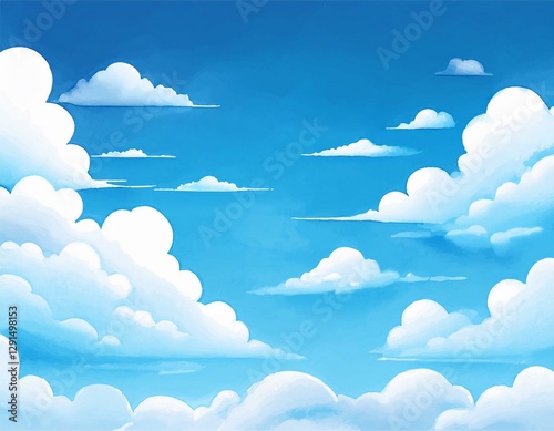 horizontal banner with beautiful blue sky and white clouds hand drawn cartoon watercolor sky background  illustration