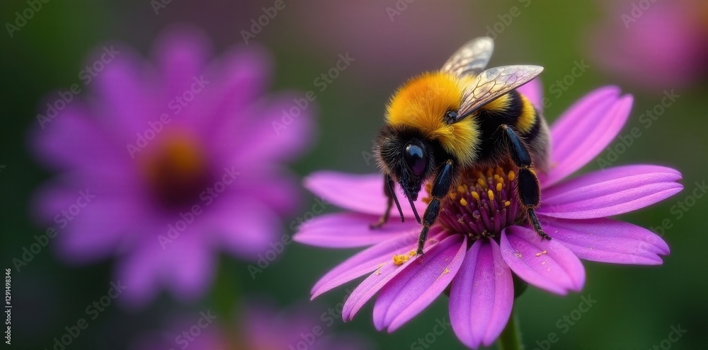 Fuzzy bumblebee, pollen dusted, on vibrant purple flower , wildlife, purple flower Fuzzy bumblebee, pollen dusted, on vibrant purple flower , wildlife, purple flower