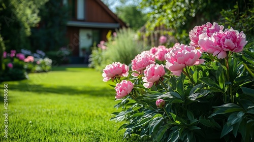 Wallpaper Mural Pink peonies in full bloom in a lush garden with green grass and house in the background. Summer garden concept and natural beauty.  Torontodigital.ca