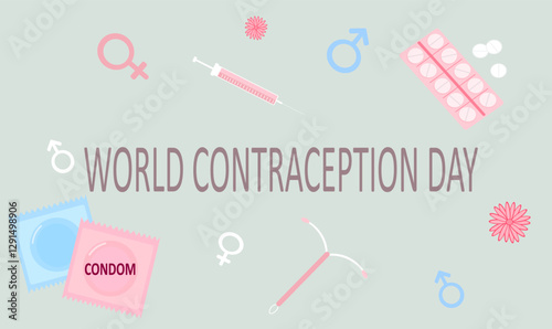 World Contraception Day, September. Various contraceptives for safe sex. patch, condom, injection, spiral, pills. Methods of birth control. About sex education. flat illustration. Top view