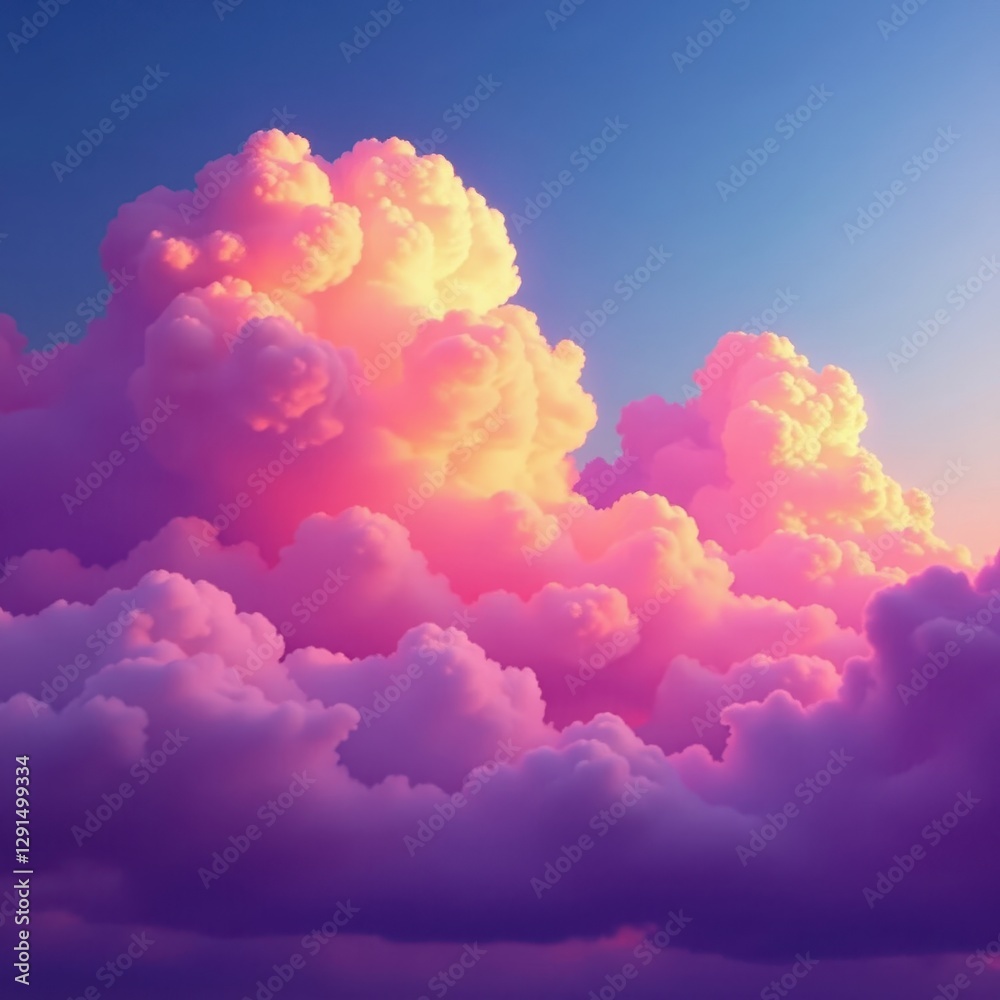 Fototapeta premium Fluffy cumulus clouds at sunset Vibrant pink & purple hues , bright, weather, calm