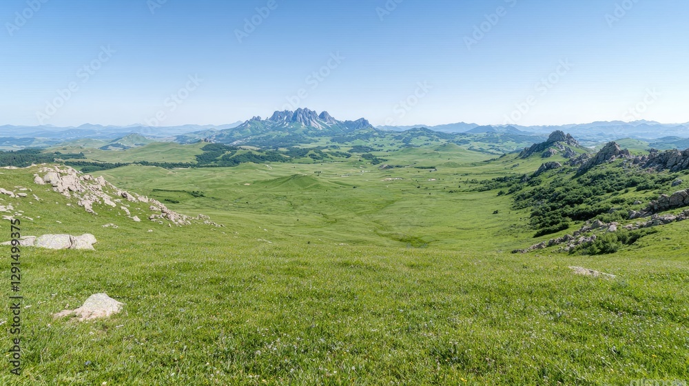 Mountain valley panorama, green hills, clear sky, summer landscape, travel postcard Mountain valley panorama, green hills, clear sky, summer landscape, travel postcard