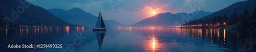 Sailboat on a shimmering lake with glowing lights, reflection, light, calm