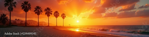 Golden hour illuminates rows of palms, Santa Barbara coastline sunset, aesthetic, palm trees