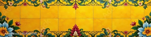 Golden yellow Portuguese tiles, vibrant floral motifs , azulejo, floral, gold