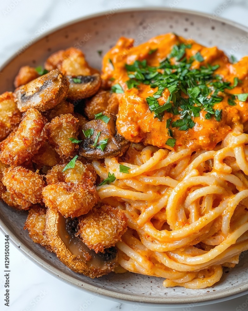 Pasta dish with creamy sauce, crispy fried mushrooms, and fresh parsley. A flavorful vegetarian delight. Perfect for food blogs and culinary designs. Pasta dish with creamy sauce, crispy fried mushrooms, and fresh parsley. A flavorful vegetarian delight. Perfect for food blogs and culinary designs.