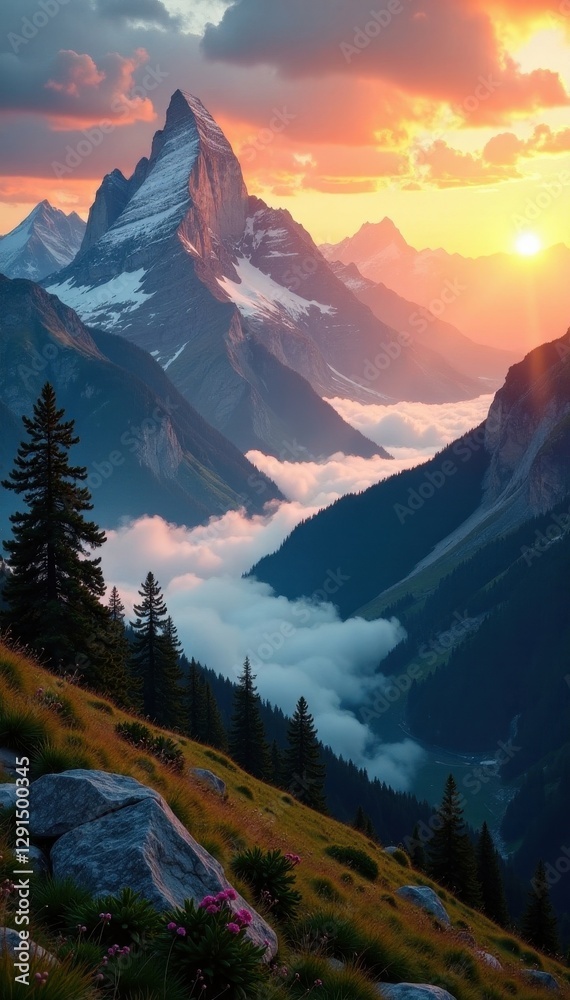Obraz premium Golden sunrise paints alpine peaks, mist-shrouded valley below, texture, dawn, breathtaking